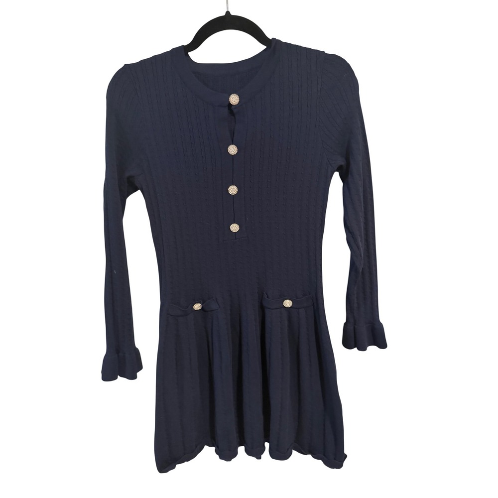 Navy Blue Long Sleeve Cable Knit Mini Dress‎ Pearl Button Ruffle Cuff Size L
